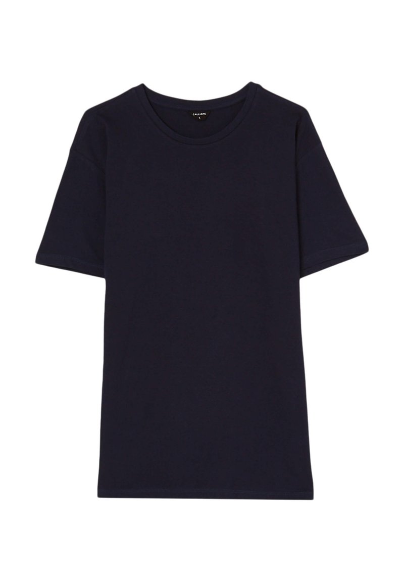 T-shirt in cotone blu navy con maniche corte, scollo rotondo e vestibilità comoda. Texture liscia, senza motivi o dettagli visibili.