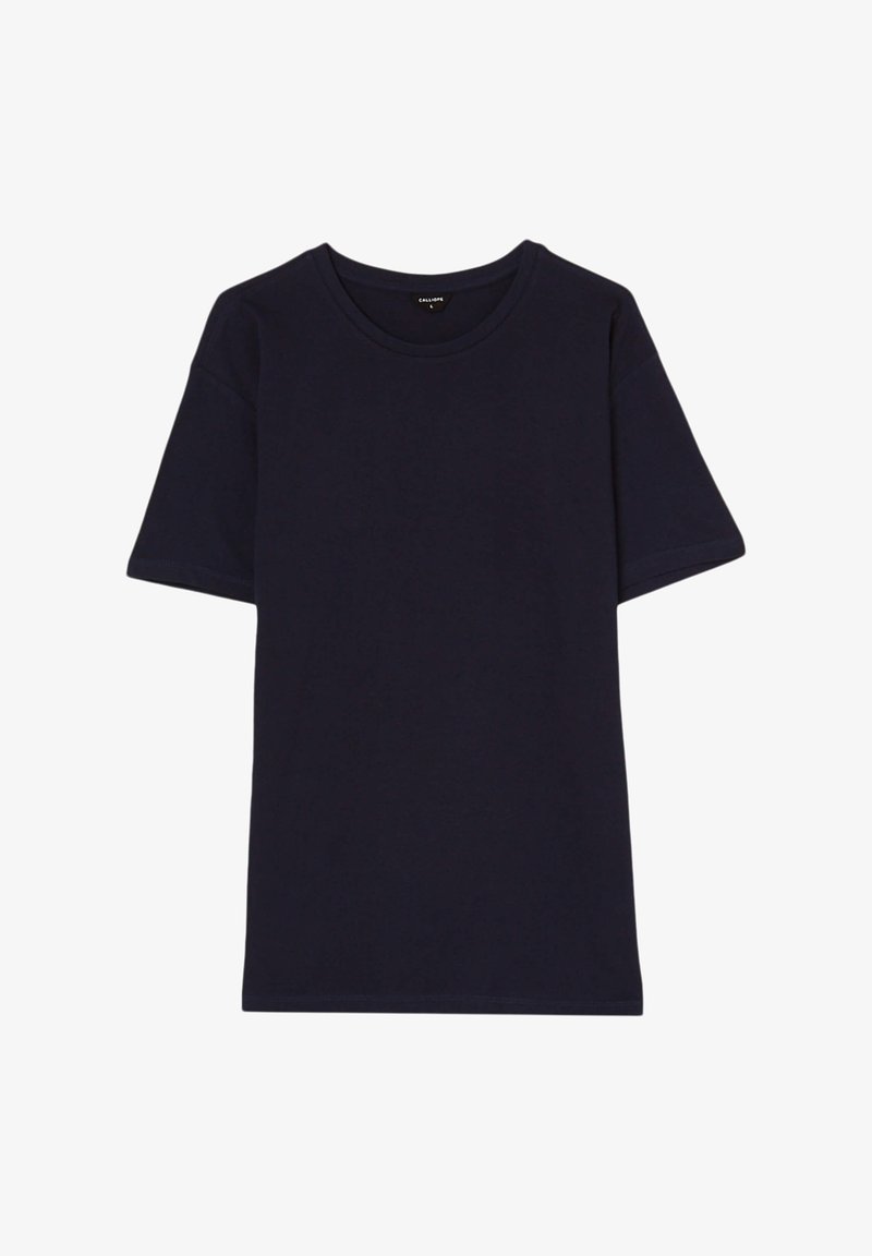 T-shirt in cotone blu navy con maniche corte, scollo rotondo e vestibilità comoda. Texture liscia, senza motivi o dettagli visibili.
