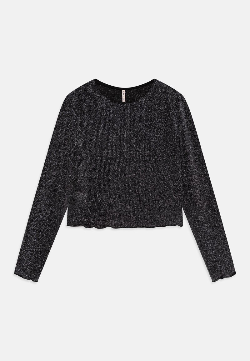 Svart langermet croppet topp laget av glitrende teksturert stoff med bølget kant og rund hals. Glatt tekstur med subtil glans.