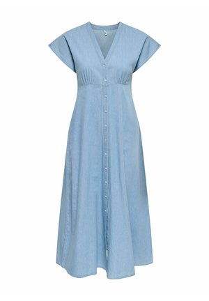 Svetlomodré midi šaty s krátkym rukávom, výstrihom do V, zapínaním na gombíky vpredu a jemným získaním pod prsiami pre zvýraznenie pásu.
