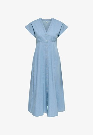 Vaaleansininen, lyhythihainen midimekko V-kaula-aukkolla, napillinen edessä ja lievällä keräyksellä rinnan alla istuvan vyötärön aikaansaamiseksi.