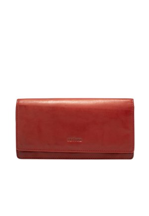 Red leather wallet, rectangular shape, smooth texture, features a subtle brand logo embossed on the front, with a foldover design.