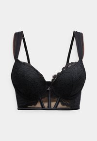 Czarny koronkowy biustonosz z usztywnianymi miseczkami, falistymi brzegami i przezroczystymi siateczkowymi paskami. Posiada dekoracyjny centralny element oraz regulowane ramiączka.