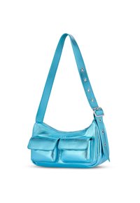 Metallic turquoise shoulder bag with adjustable strap, zip closure, and two front pockets. Smooth texture, rounded shape, and silver accents.