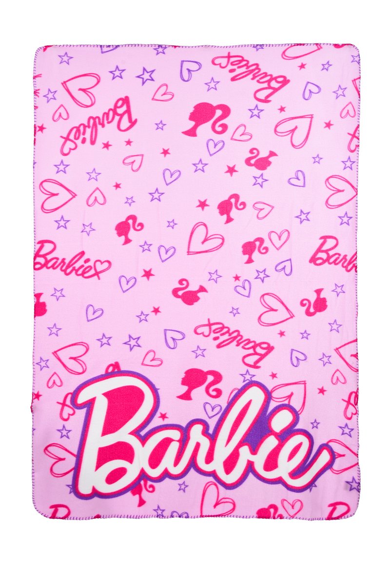 Pink fleece blanket featuring repeated patterns of hearts, stars, and silhouettes, with "Barbie" prominently displayed in bold, colorful text.