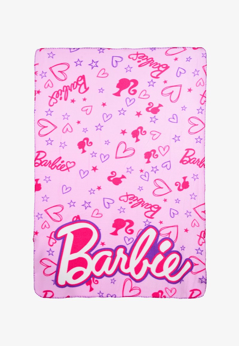 Pink fleece blanket featuring repeated patterns of hearts, stars, and silhouettes, with "Barbie" prominently displayed in bold, colorful text.