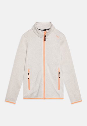 Light gray fleece jacket with a high collar, front zipper, and contrasting orange accents on the zipper and cuffs. Features two side pockets.