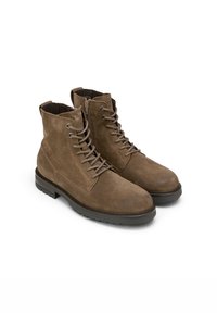 Brown suede ankle boots with lace-up design, round toe, and rubber sole. Features metal eyelets and a side zipper for secure fit.