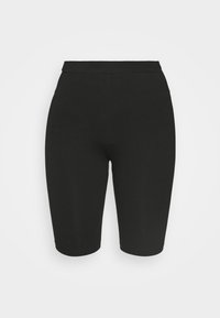 Pantalones cortos de ciclismo negros con un diseño ajustado, cinturilla elástica y textura suave. La longitud cae por encima de la rodilla. Sin patrones visibles ni adornos.