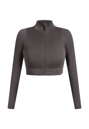 Mørkegrå cropped zip-up top med lange ærmer, ribbet tekstur og høj krave. Har et lille logo-mærke ved nederste kant.