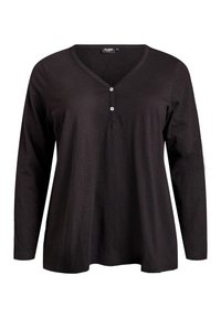 Must pikkade varrukatega top V-kaelusega, millel on kaelusel kolm nööpi ja lahtine lõige. Valmistatud pehmest, kerge kangast.