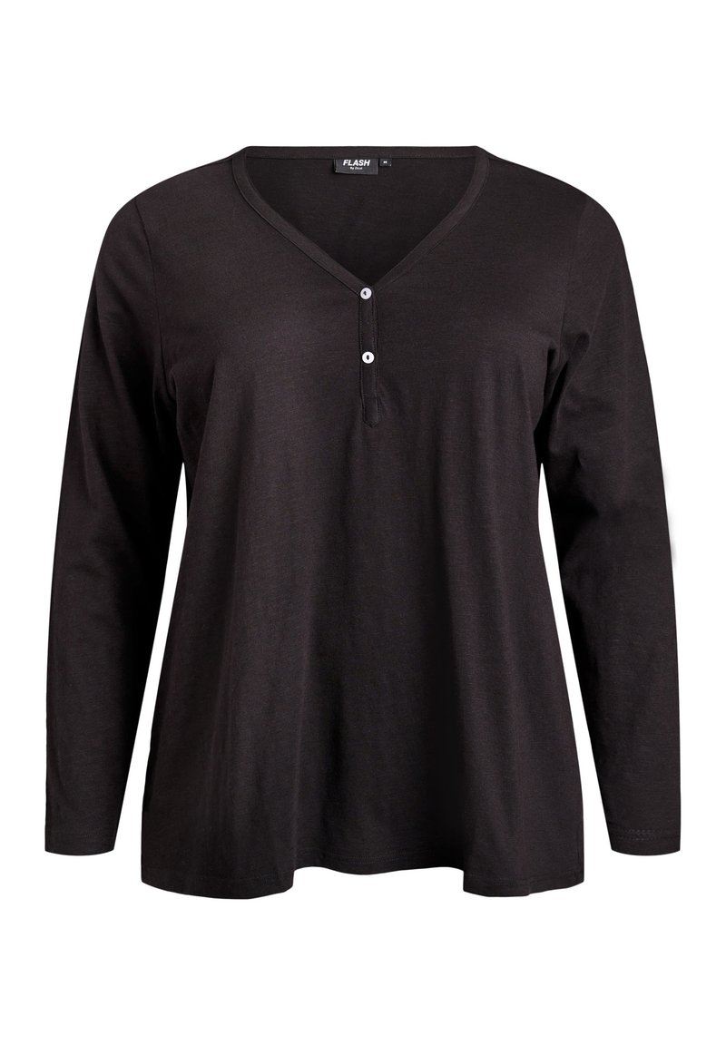 Must pikkade varrukatega top V-kaelusega, millel on kaelusel kolm nööpi ja lahtine lõige. Valmistatud pehmest, kerge kangast.