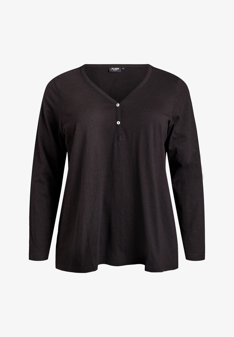 Must pikkade varrukatega top V-kaelusega, millel on kaelusel kolm nööpi ja lahtine lõige. Valmistatud pehmest, kerge kangast.