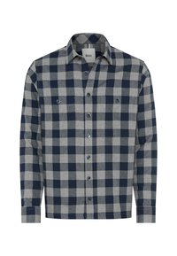 Geruite button-up shirt met een patroon van marineblauw en grijs, twee borstzakken en een spread collar. Gemaakt van gestructureerde stof.