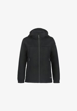 Veste noire zippée avec capuche, faite d'un matériau doux. Elle possède des poches avant et un design de coutures sur la poitrine et les manches.