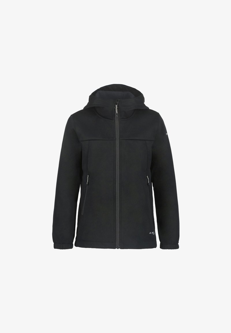 Black, zip-up jacket with a hood, made from soft material. Features front pockets and a seam design across the chest and sleeves.