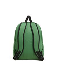 Grön ryggsäck med mesh-textur, vadderad baksida och svarta remmar. Har sidofickor och en upphängningsögla. Rundad toppdesign.