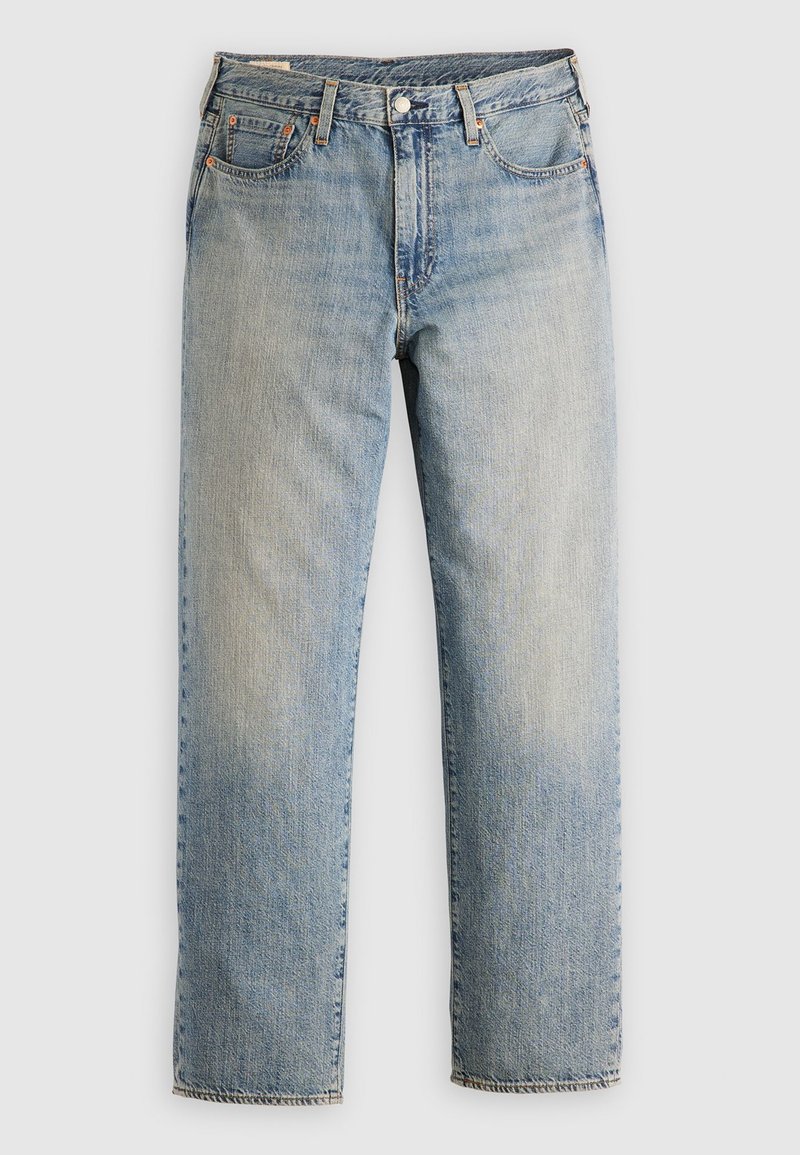 Lichtblauwe denim jeans met een recht gesneden ontwerp, vijf zakken stijl en zichtbare stiksels. Verversd wassingen en details in messing hardware.
