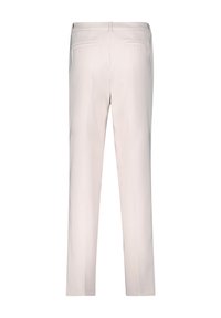 Pantaloni grigi chiari con design a gamba dritta, dotati di due tasche posteriori e una texture di tessuto morbido e leggero.
