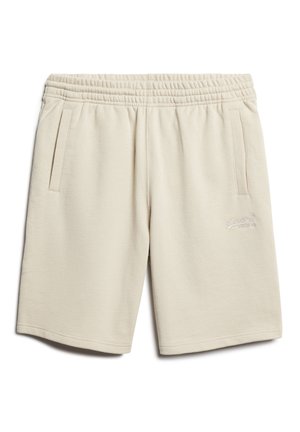 Beige sportshorts van zacht materiaal, met een elastische tailleband, twee zijzakken en geborduurd logo-detail.