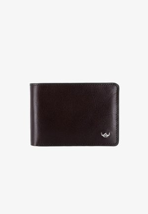 Dark brown leather bifold wallet with subtle texture and small silver emblem in the lower right corner on white background.
