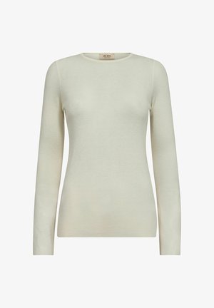 Hellbeige Langarmshirt aus weichem Stoff, mit rundem Ausschnitt und figurbetontem Design, ohne sichtbare Muster oder Hardware.