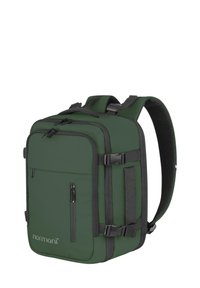 Grüner Rucksack aus strapazierfähigem Stoff mit schwarzen Akzenten, ausgestattet mit mehreren Reißverschlussfächern, verstellbaren Trägern und einer schlanken rechteckigen Form.