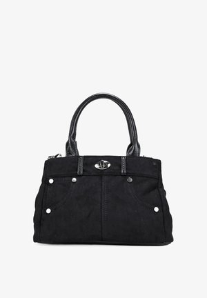 Bolso de ante negro con asas de cuero, bolsillos frontales, remaches plateados y un cierre de giro plateado.