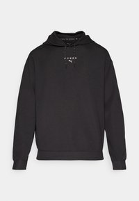 Black hooded sweatshirt made of soft fabric, featuring a front kangaroo pocket and white logo text on the chest. The cuffs are ribbed.