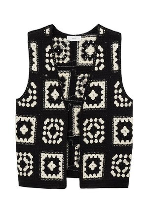 Gilet nero con design senza maniche, caratterizzato da complessi motivi bianchi disposti a quadrati. Realizzato in tessuto testurizzato con apertura frontale.