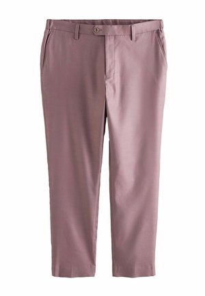 Herren Slim-Fit-Hose in Mauve mit Gürtelschlaufen, Seitentaschen, Vorderknopf- und Reißverschluss, dargestellt vor weißem Hintergrund.