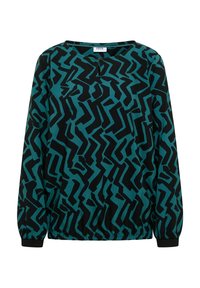 Langærmet bluse i teal og sort med abstrakt zigzag-mønster; har en rund halsudskæring og elastiske manchetter med rynker nederst.