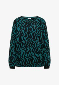 Blusa de manga larga en color verde azulado y negro con patrón abstracto de zigzag; presenta un escote redondo y puños elásticos con un fruncido en el dobladillo.