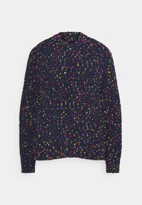 Granatowy sweter o teksturowanym wzorze z wielokolorowymi plamkami w odcieniach różu, żółci i pomarańczy. Okrągły dekolt i długie rękawy.