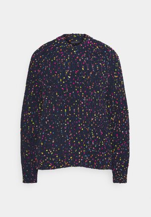 Granatowy sweter o teksturowanym wzorze z wielokolorowymi plamkami w odcieniach różu, żółci i pomarańczy. Okrągły dekolt i długie rękawy.