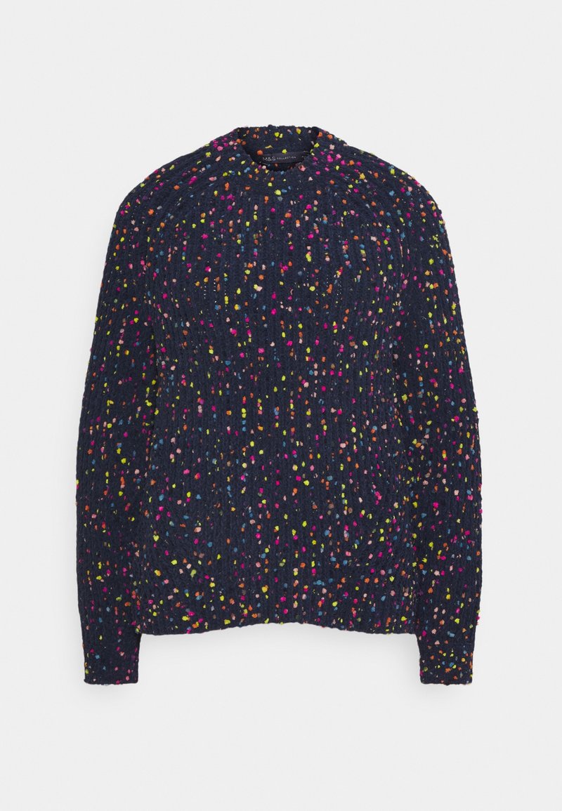 Granatowy sweter o teksturowanym wzorze z wielokolorowymi plamkami w odcieniach różu, żółci i pomarańczy. Okrągły dekolt i długie rękawy.