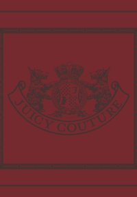 Fundal roșu cu un logo negru Juicy Couture care prezintă doi câini stilizați, o coroană deasupra unui emblem circular și detalii ornate.