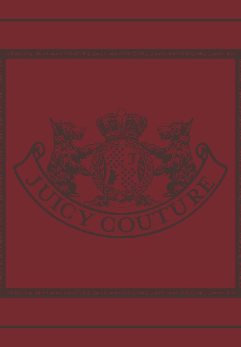 Fundal roșu cu un logo negru Juicy Couture care prezintă doi câini stilizați, o coroană deasupra unui emblem circular și detalii ornate.