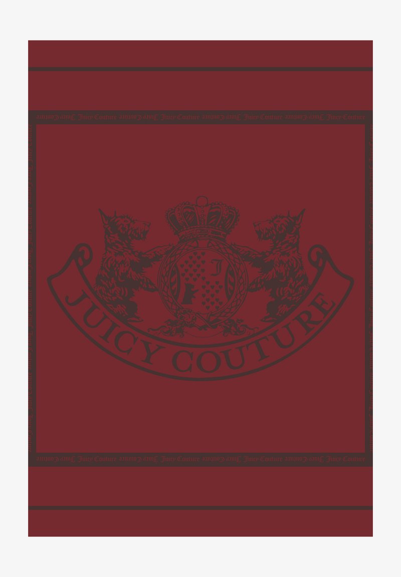 Fundal roșu cu un logo negru Juicy Couture care prezintă doi câini stilizați, o coroană deasupra unui emblem circular și detalii ornate.