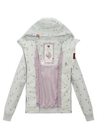 Chaqueta verde claro con estampado floral, con cierre delantero y un forro rosa suave. Presenta puños acanalados y una capucha desmontable.