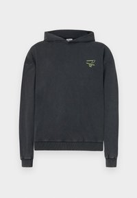 Black hoodie with a front pocket, ribbed cuffs, and hem. Features a small neon green logo on the left chest. Cotton blend material.