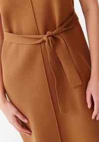 Ruskea kangasmekko, jossa on solmittava vyö vyötäröllä. Kankaan pinta on sileä, ja mekko on vartalonmyötäinen yksinkertaisella suunnittelulla.