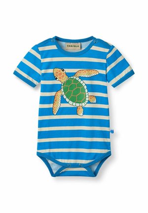 Body de bebé a rayas azules y blancas con botones a presión y un gran dibujo de una tortuga marina verde y naranja en la parte delantera.