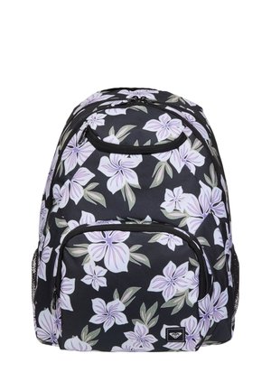 Mochila negra con varios compartimentos con cremallera y bolsillos laterales de malla, decorada con un patrón floral en tonos lila claro y blanco.