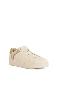 Cream-colored leather sneaker with a textured gold-accented side and lace-up closure. Features a rounded toe and a thick sole.