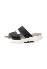 Zwarte leren slidersandalen met twee brede banden, een gevormde voetbed en een gevoerde witte rubberen zool met een gestructureerd ontwerp.