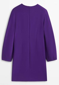 Robe longue à manches longues violette avec une fermeture éclair dans le dos, des coutures ajustées et une silhouette droite sur un fond blanc.