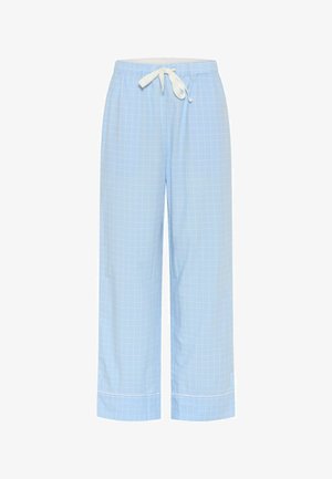 Svetlo modri bombažni pidžama hlače z mrežastim vzorcem, z belim pasom na vezanje in manšetami za sproščen fit.