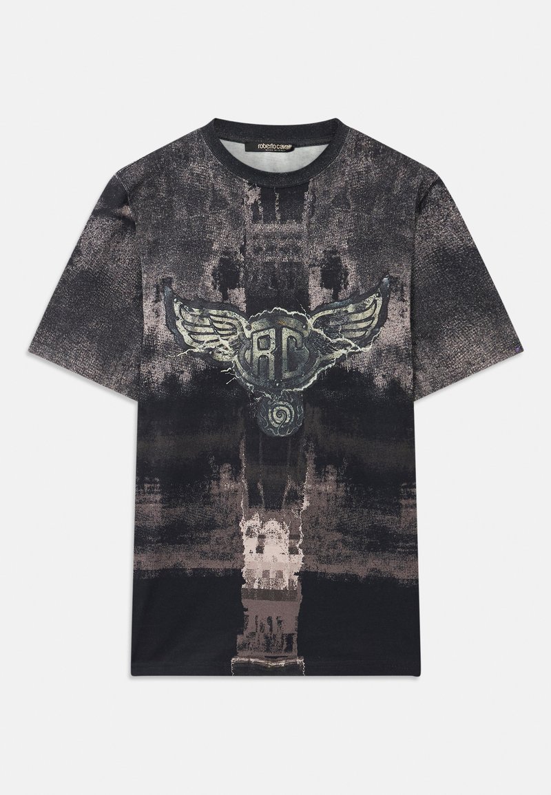 Zwart en grijs T-shirt met korte mouwen, voorzien van een versleten textuur en een centraal vleugel-embleem met de letters "RC."