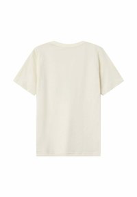 T-shirt à manches courtes de couleur crème, en coton doux. Présente un design classique à col rond et un ourlet droit. Sans graphismes ni motifs.